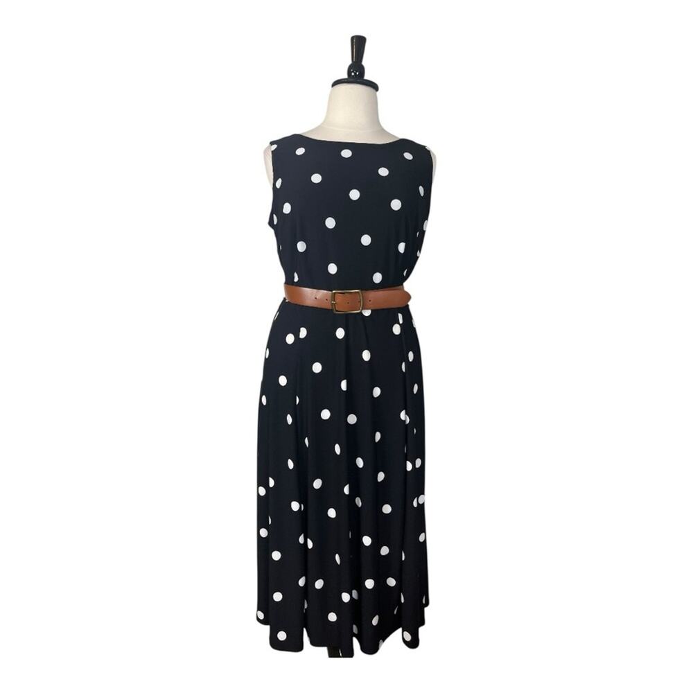 Kasper Midi Dress Aline Sleeveless Jersey Knit Black Polka Dot Women’s Size 14W